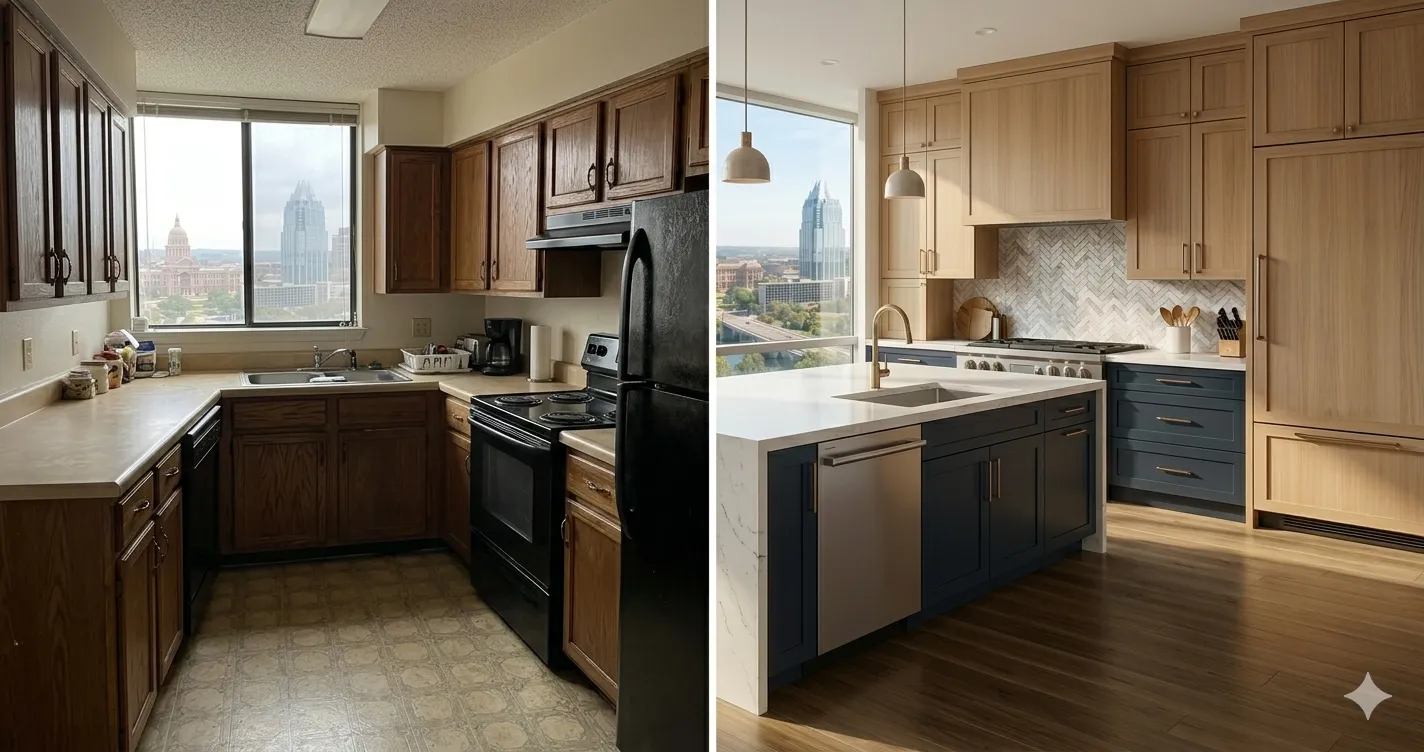 Vertical side-by-side comparison of an older, outdated kitchen and a fully renovated, modern 200 sq ft kitchen in Austin, Texas.